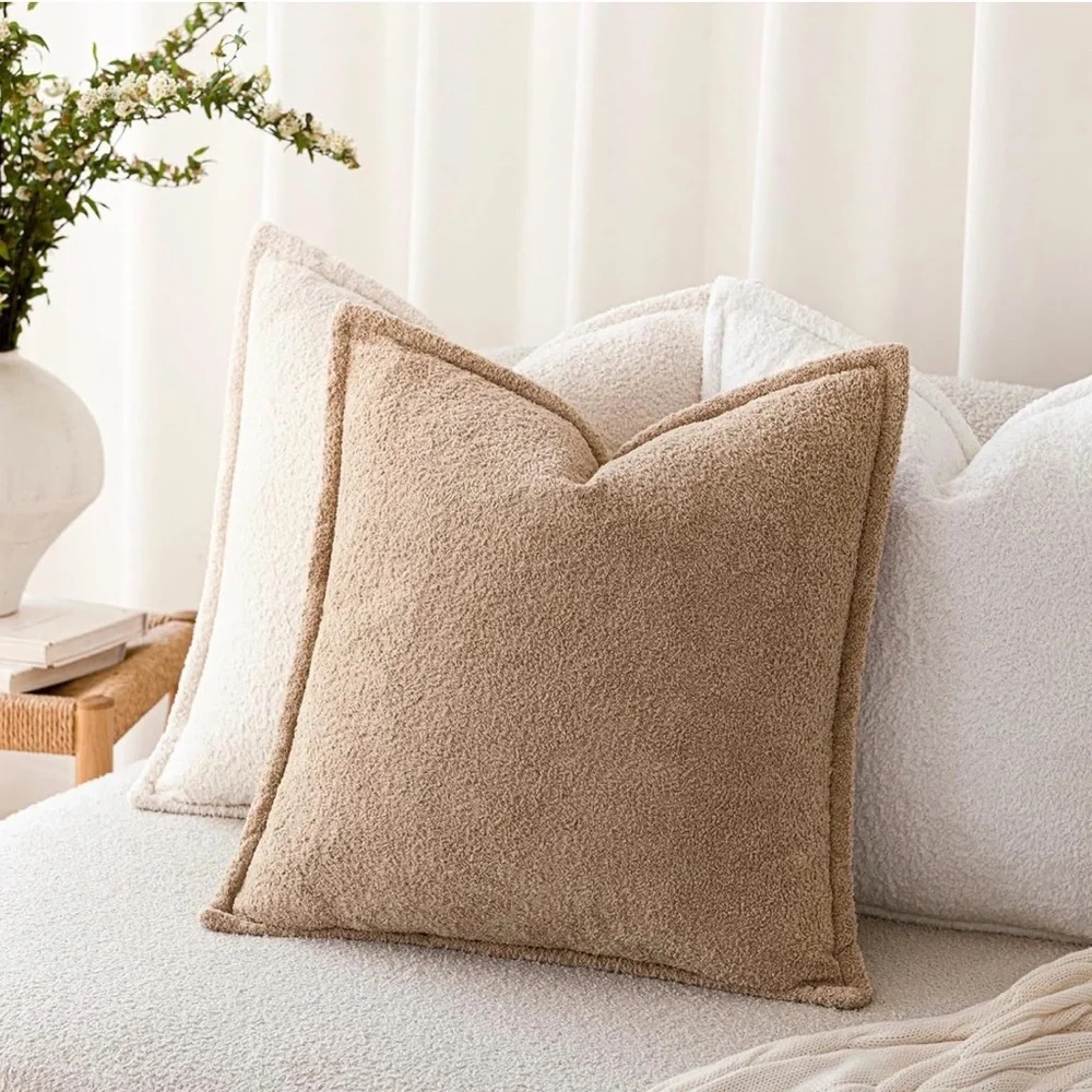 NIB 20” x20” Sherpa Fleece Flange Edge Pillow Covers, Khaki Set-2